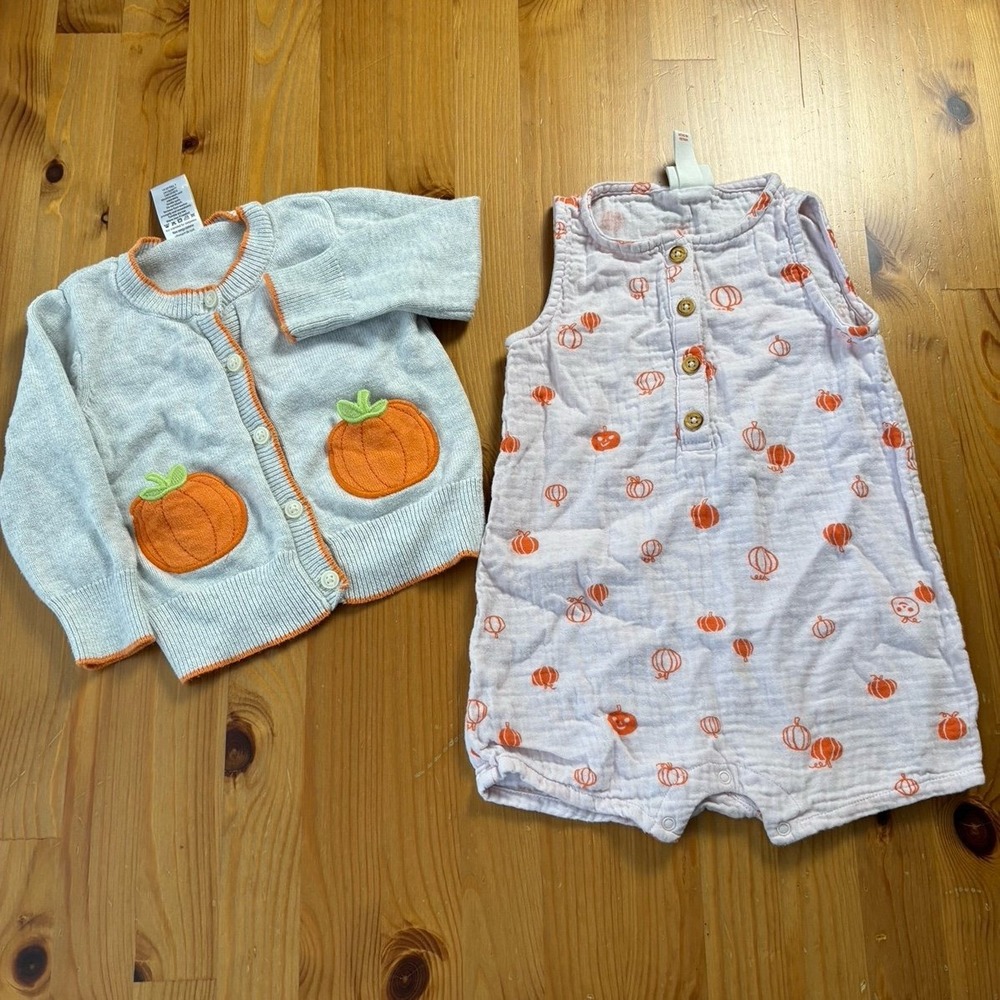 Vintage Gymboree Pumpkin Cardigan & Cat & Jack Muslin Pumpkin Romper Size 12-18M